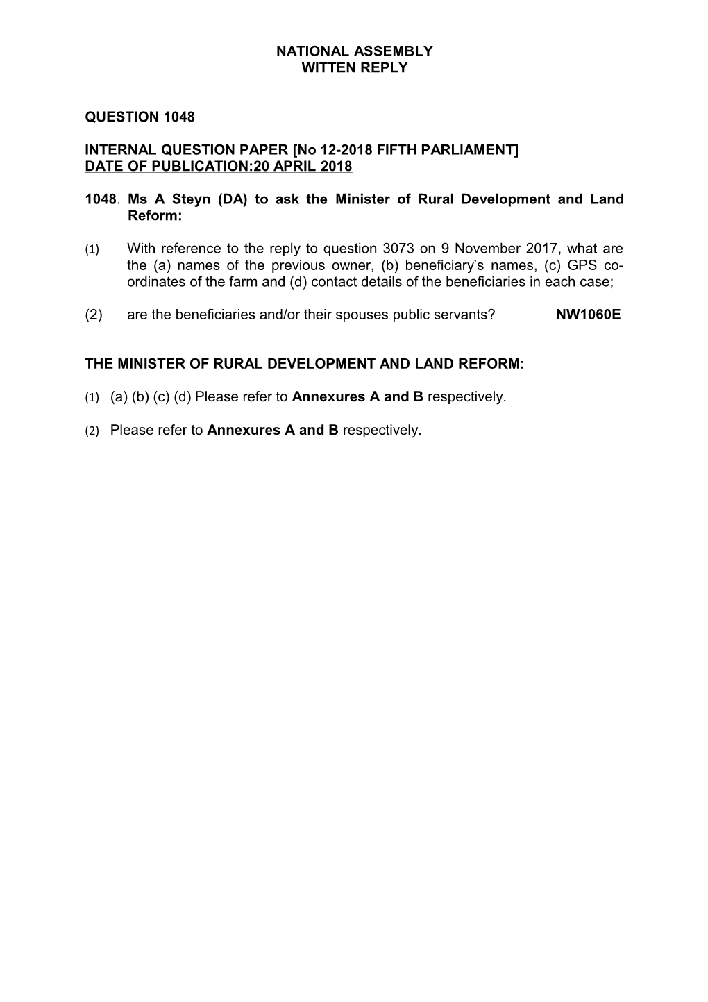 1048.Ms a Steyn (DA) to Ask the Minister of Rural Development and Land Reform