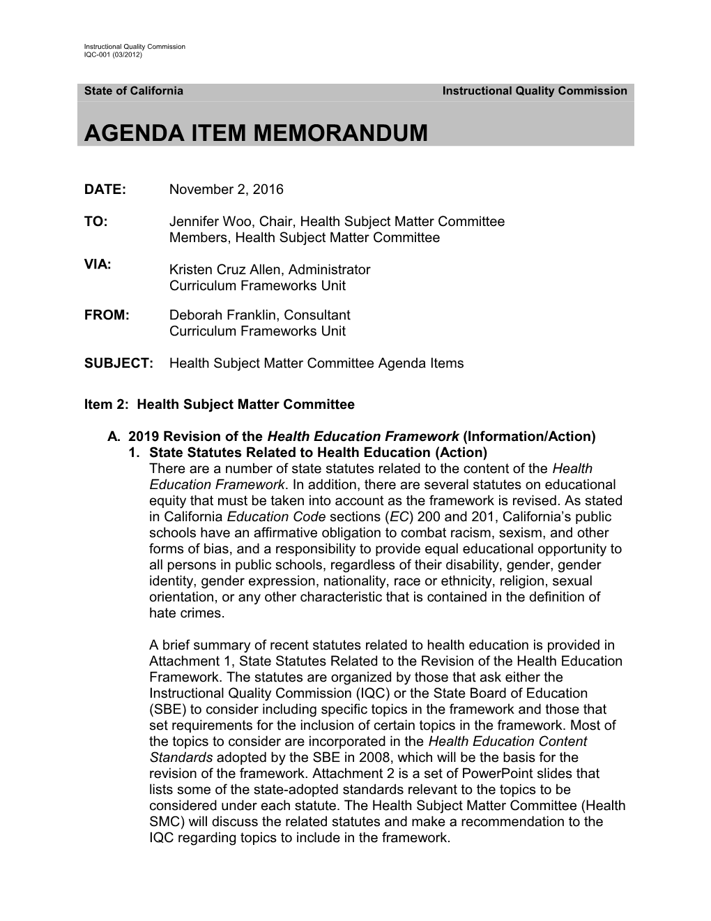 Health Agenda Item November 2016 (Instructional Quality Commission) CA Dept of Education