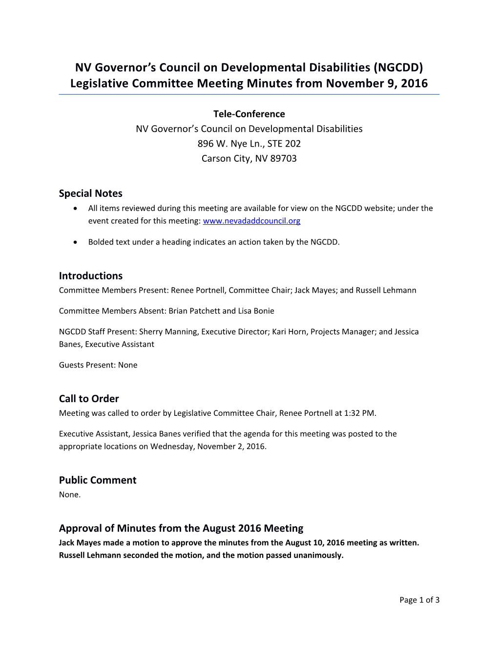 NV Governor S Council on Developmental Disabilities (NGCDD) Legislative Committee Meeting