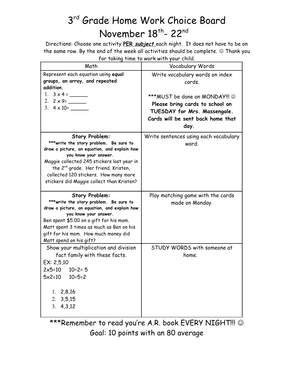 2Nd Grade Home Work Choice Board