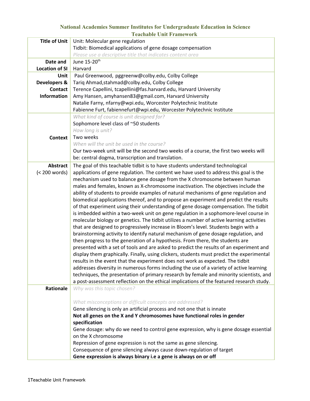 National Academies Summer Institutes for Undergraduate Education in Scienceteachable Unit