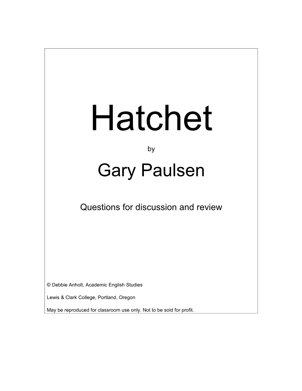 Hatchet Work Book