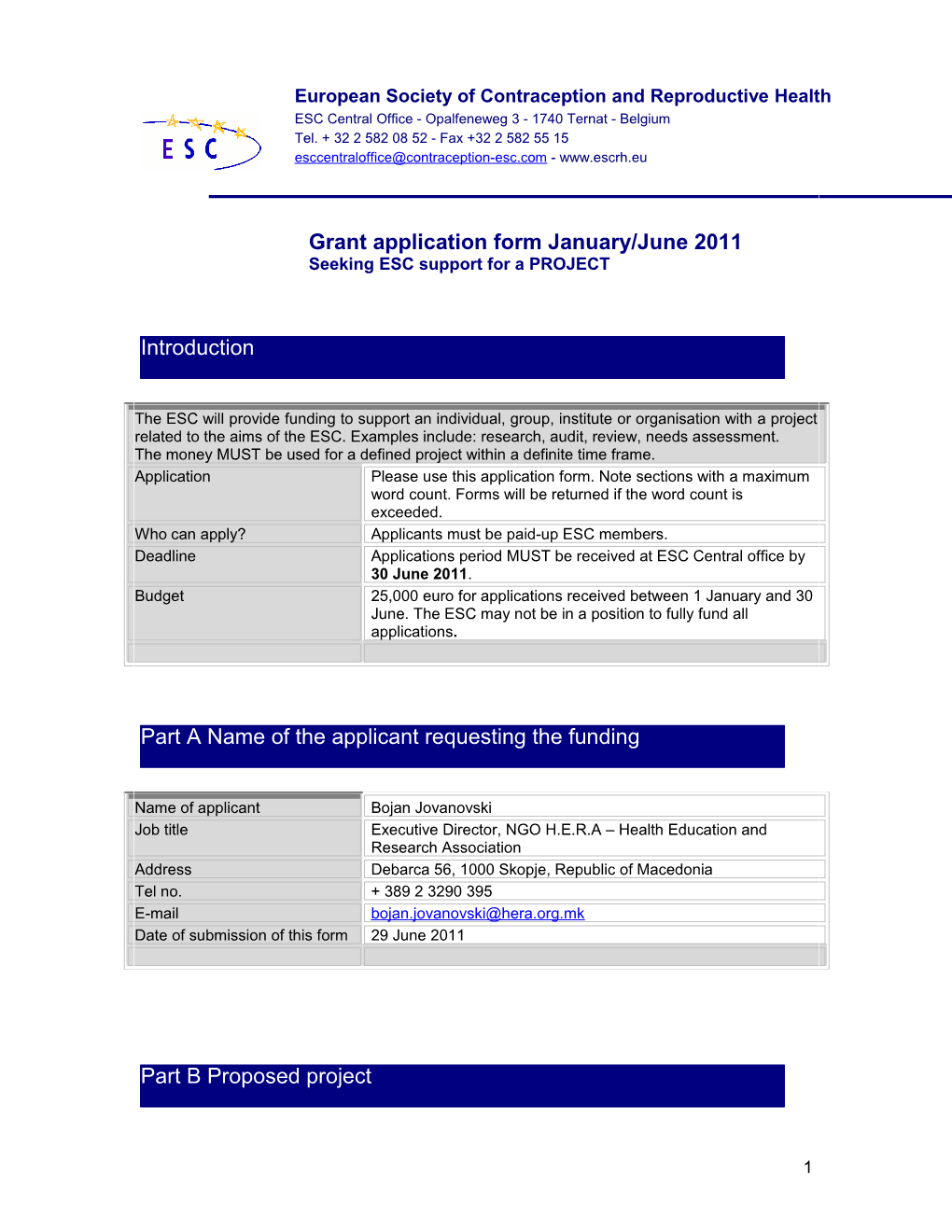 Grant Application Form January/June 2011