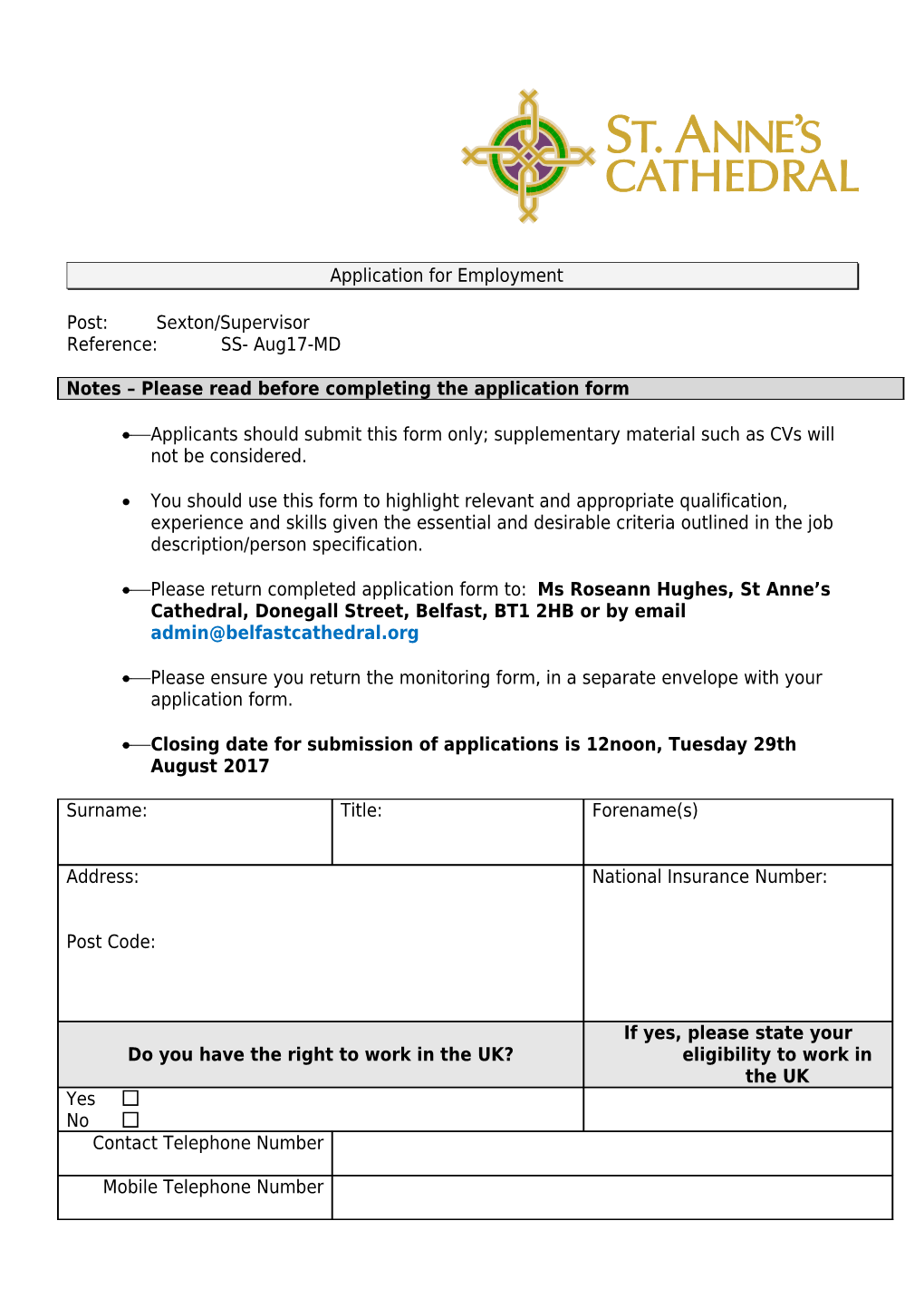 Notes Please Read Before Completing the Application Form
