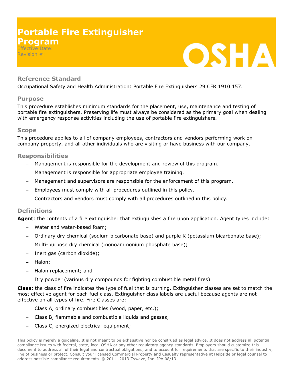 Occupational Safety and Health Administration: Portable Fire Extinguishers 29 CFR 1910.157