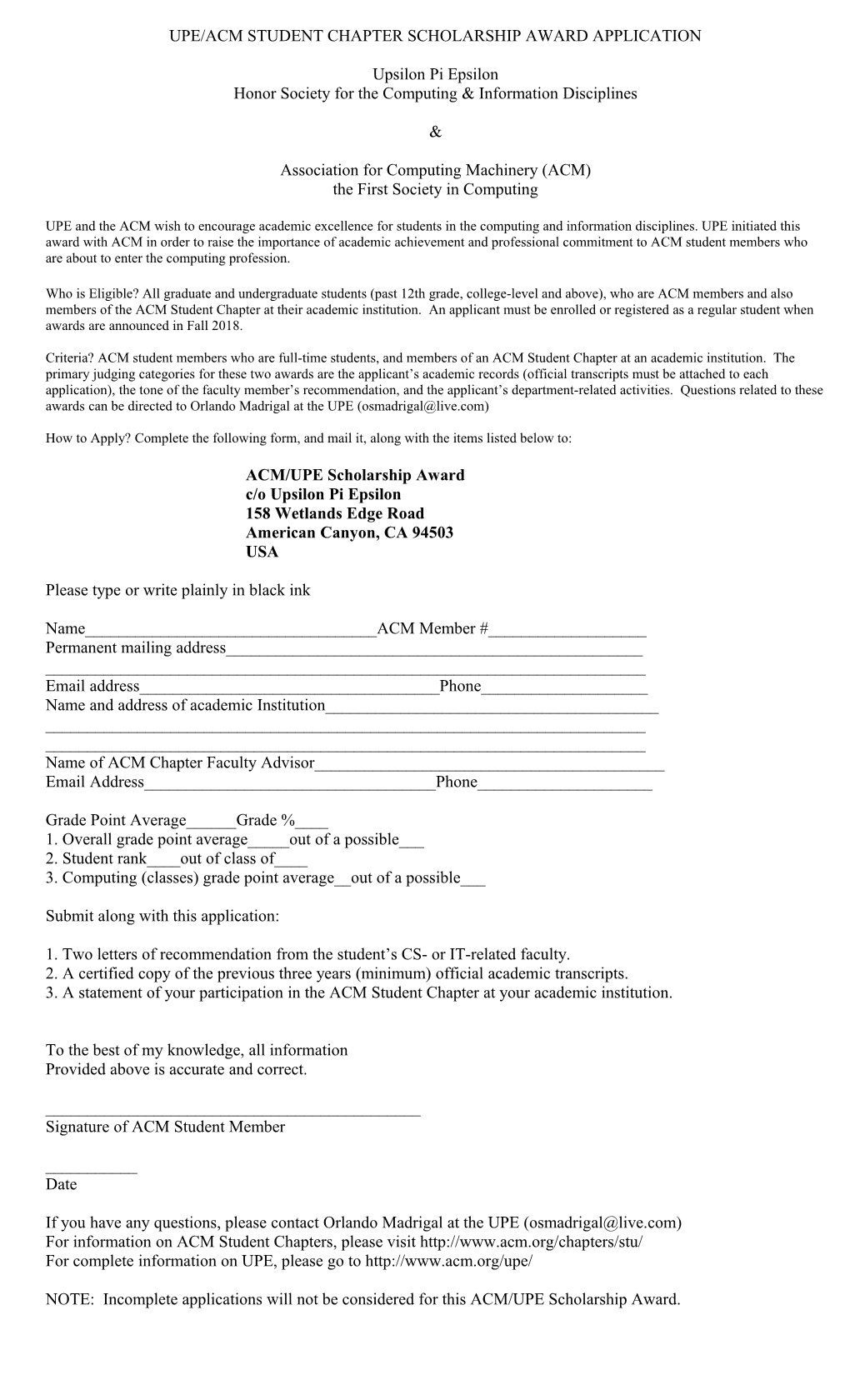 Upe Acm Student Chapter Scholarship Award Application