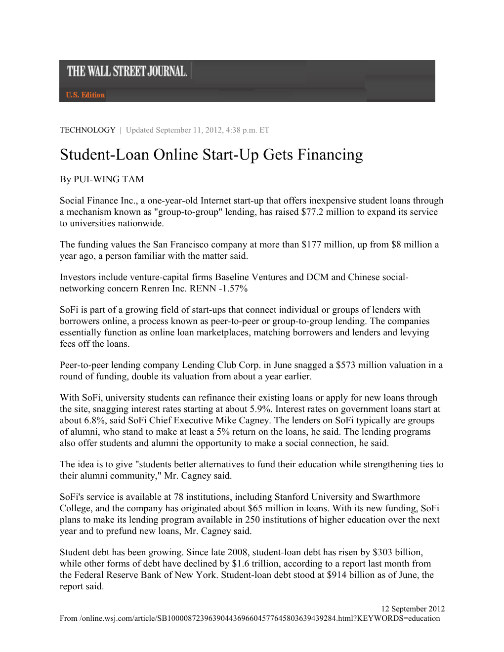 Student-Loan Online Start-Up Gets Financing