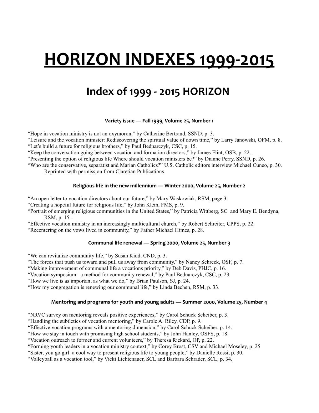 Index of 1999 - 2000 HORIZON
