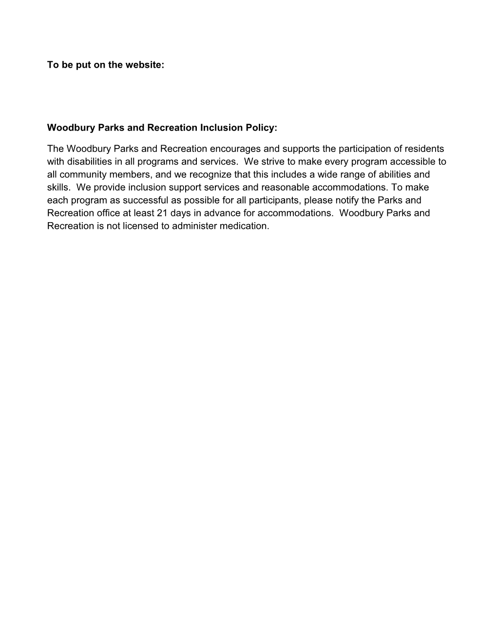 Woodbury Parks and Recreation Inclusion Policy