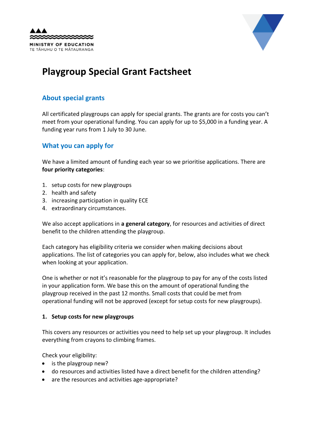 Playgroup Special Grant Factsheet