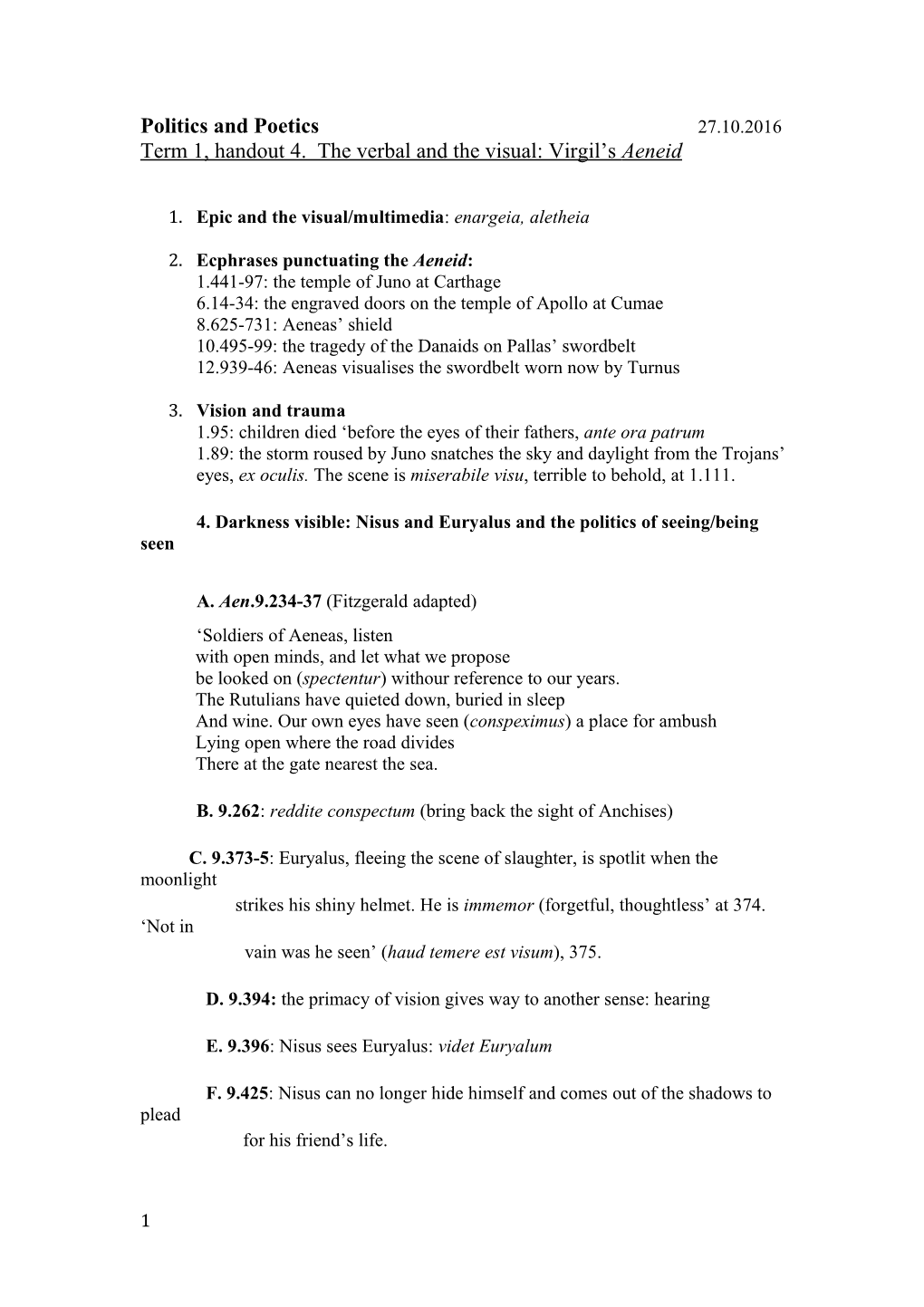 Term 1, Handout 4. the Verbal and the Visual: Virgil S Aeneid