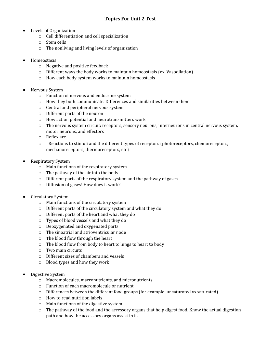 Topics for Unit 2 Test