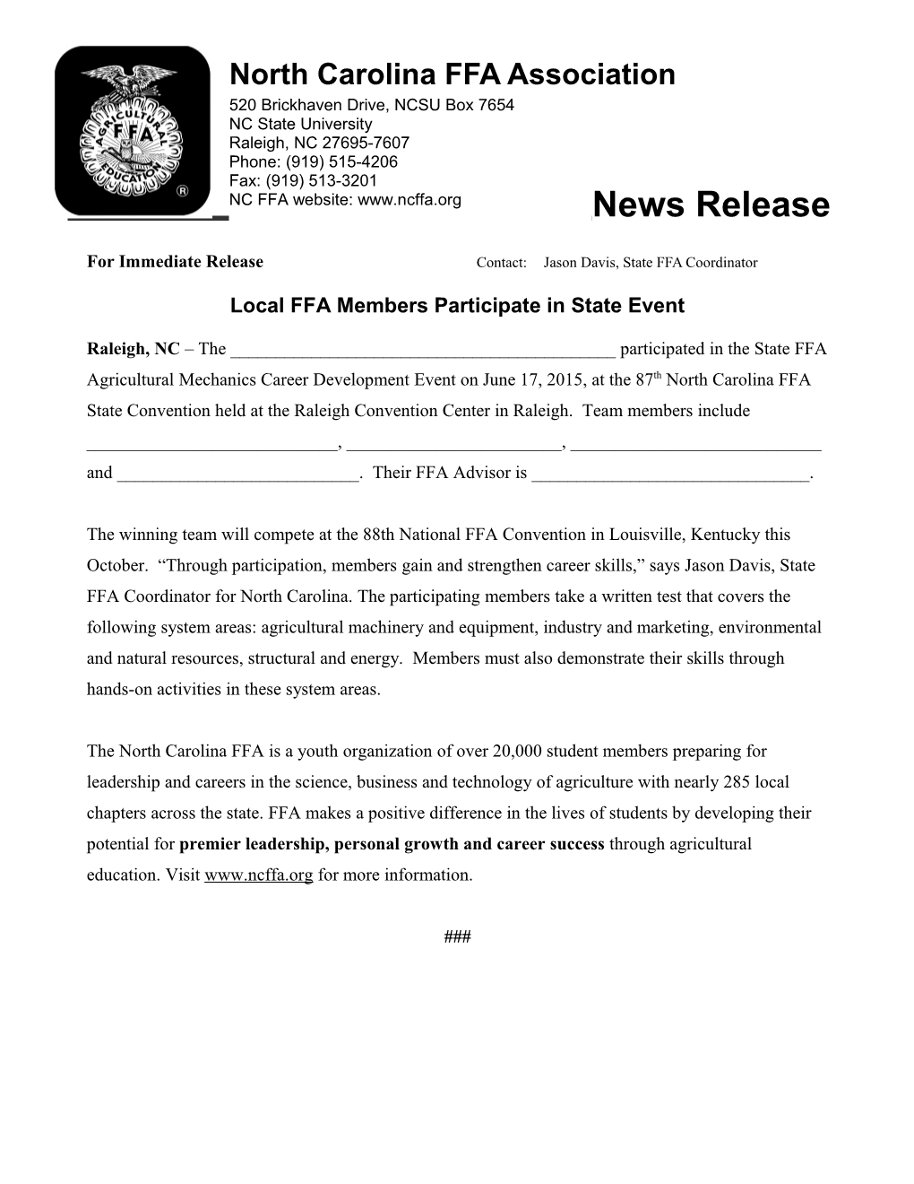 For Immediate Release Contact: Jason Davis, State FFA Coordinator s2