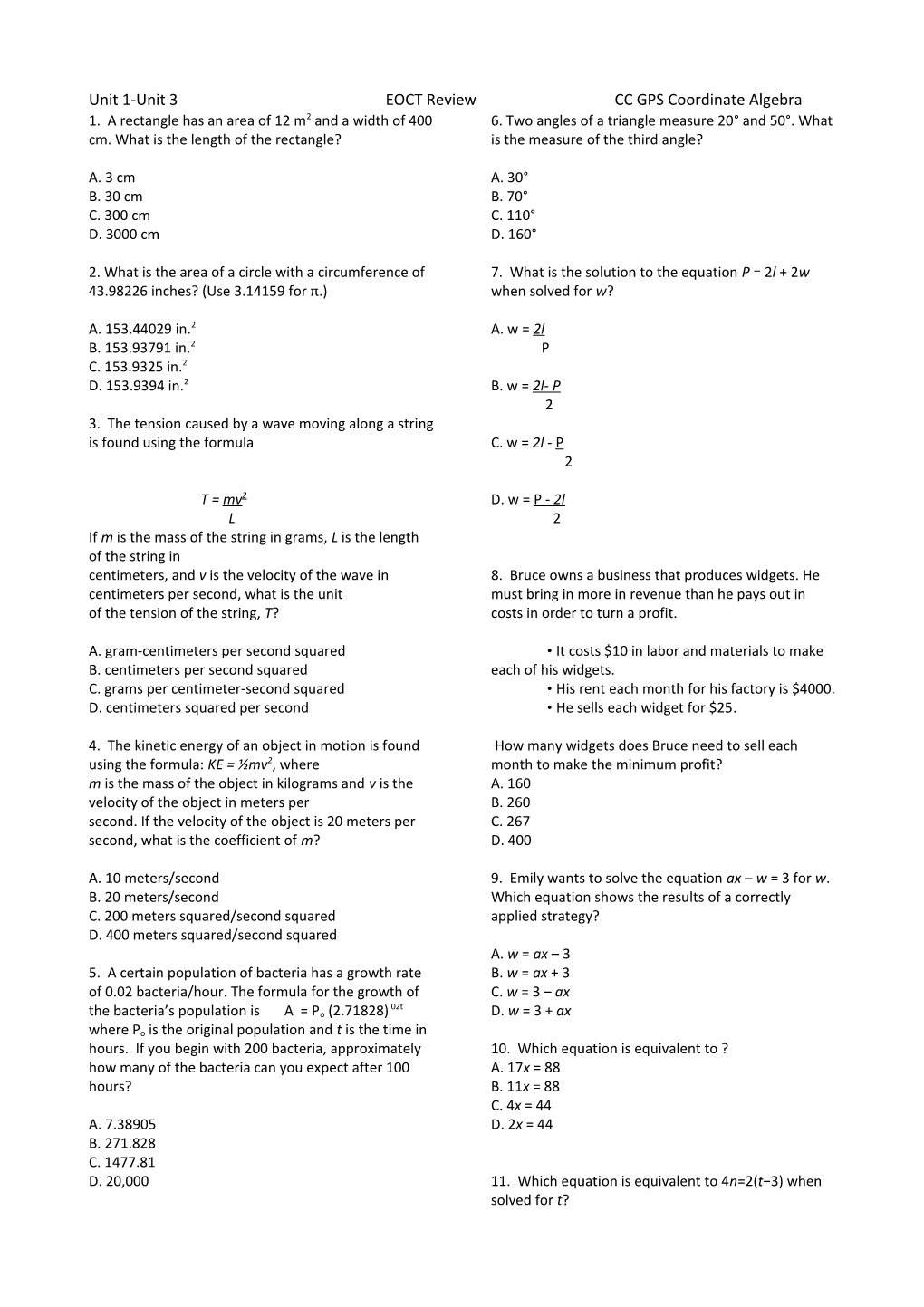 Unit 1-Unit 3 EOCT Review CC GPS Coordinate Algebra