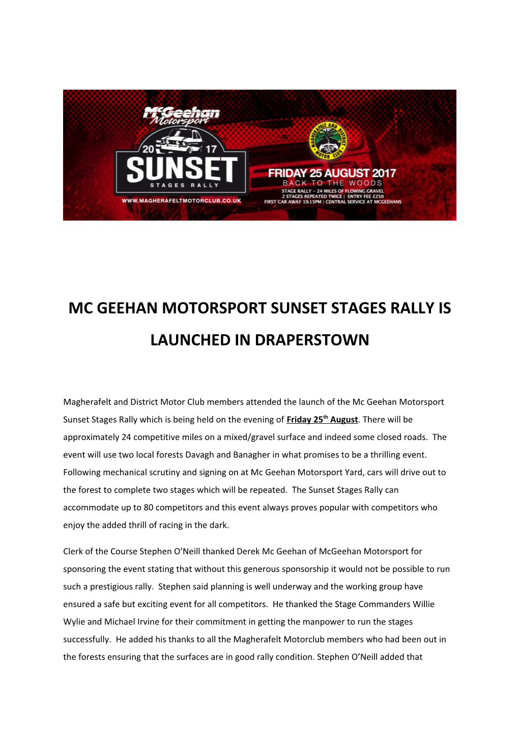 Mc Geehan Motorsport Sunset Stages Rally Is Launched in Draperstown