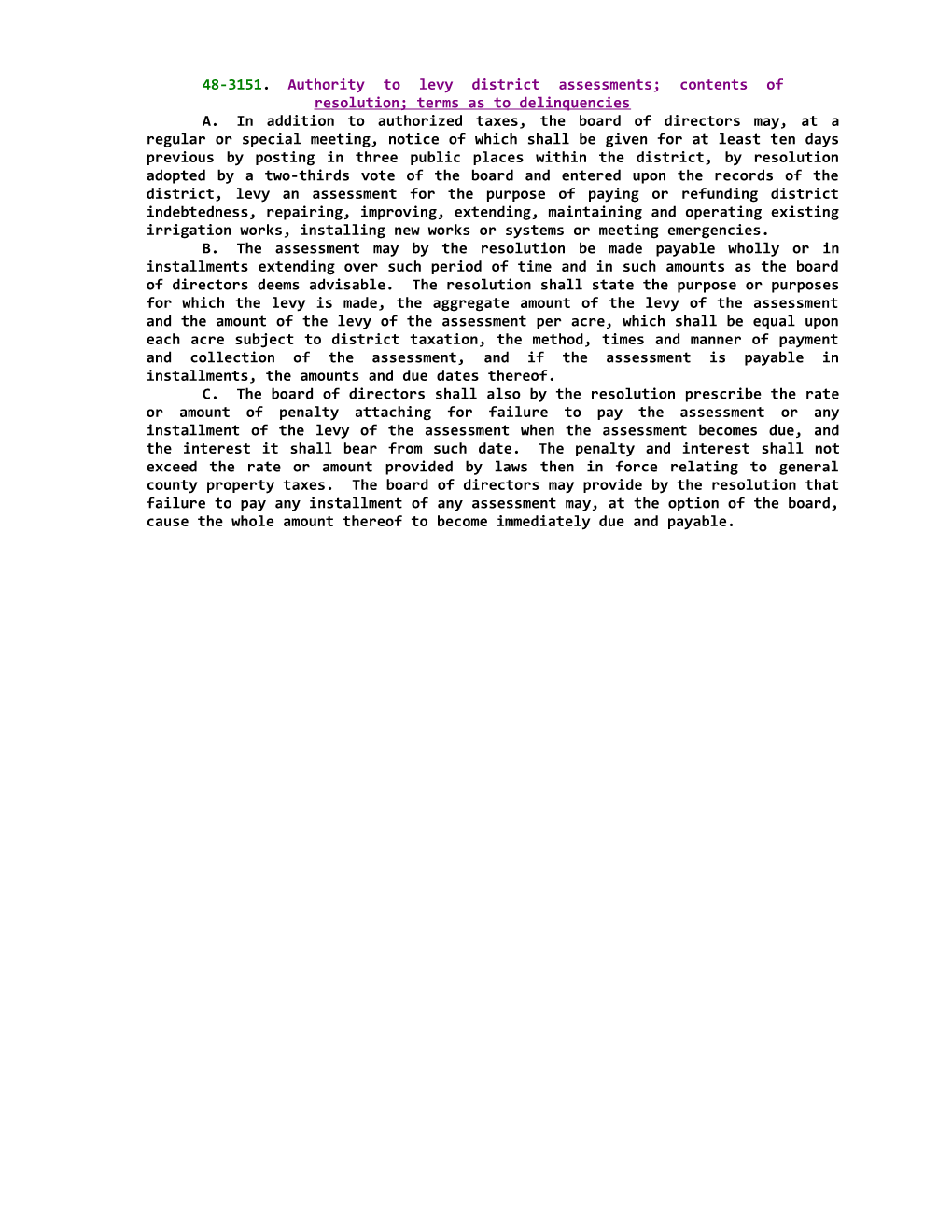 48-3151; Authority to Levy District Assessments; Contents of Resolution; Terms As To