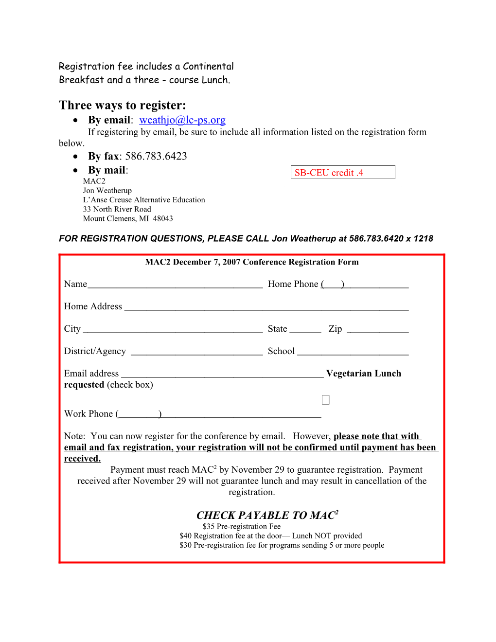 MAC2 Conference Registration Form