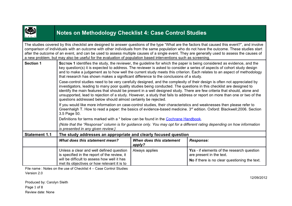 Notes on Methodology Checklist 4: Case Control Studies