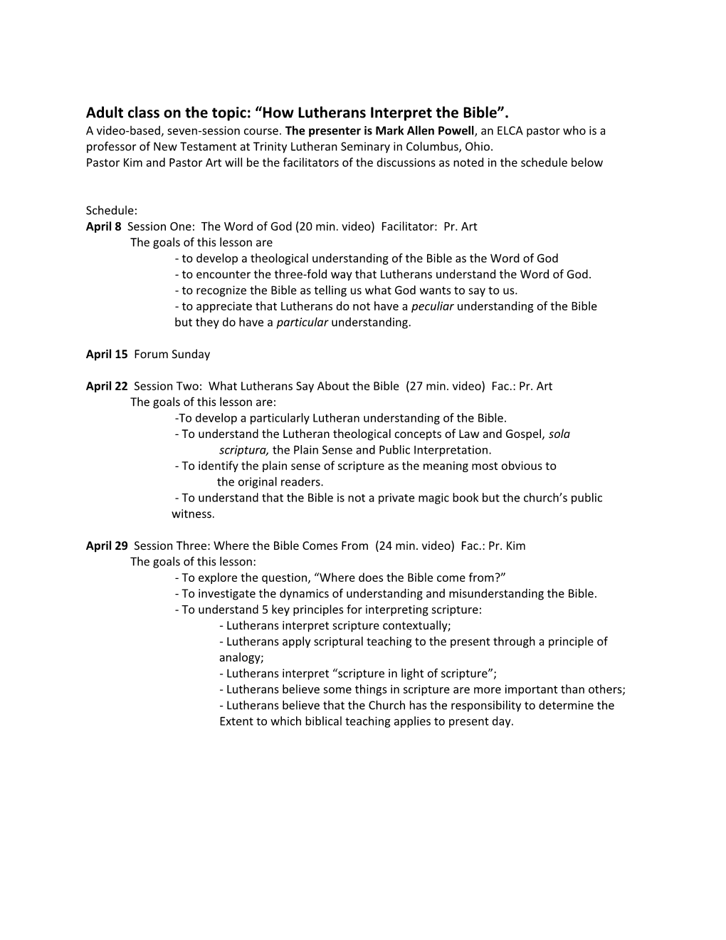 Adult Class on the Topic: How Lutherans Interpret the Bible