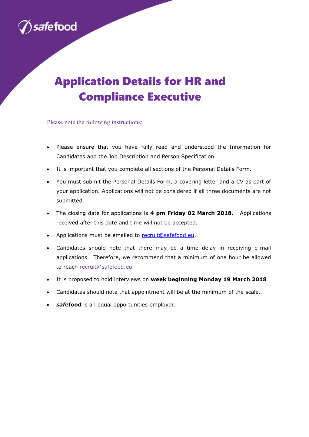 Application Details for HR and Compliance Executive