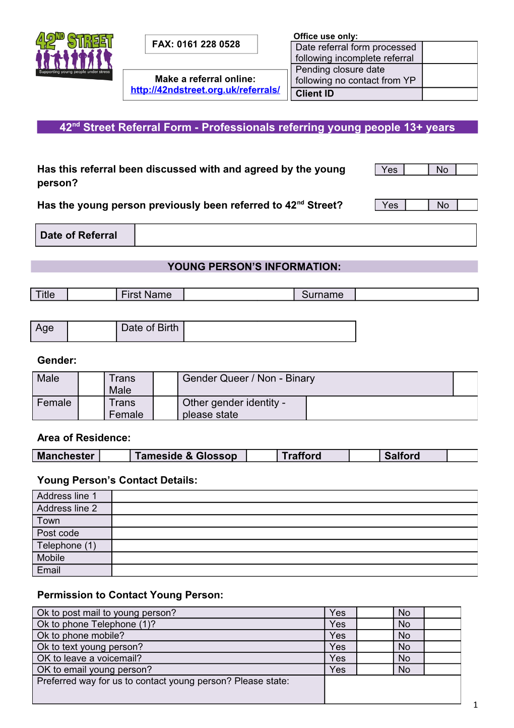42Nd Street Referral Form - Professionalsreferringyoung People 13+ Years