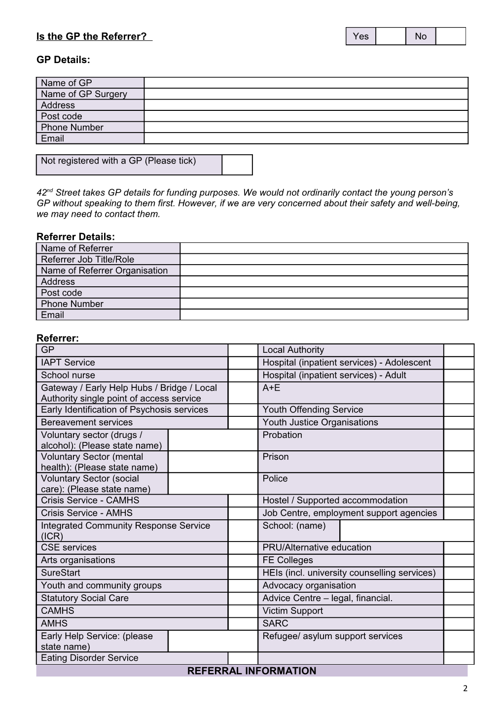 42Nd Street Referral Form - Professionalsreferringyoung People 13+ Years