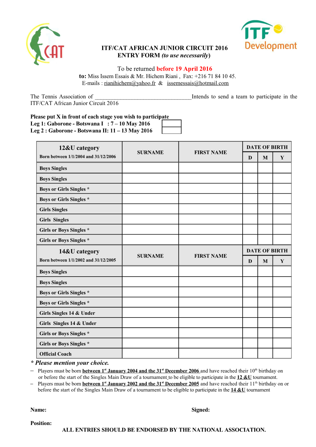 ENTRY FORM (To Use Necessarily)