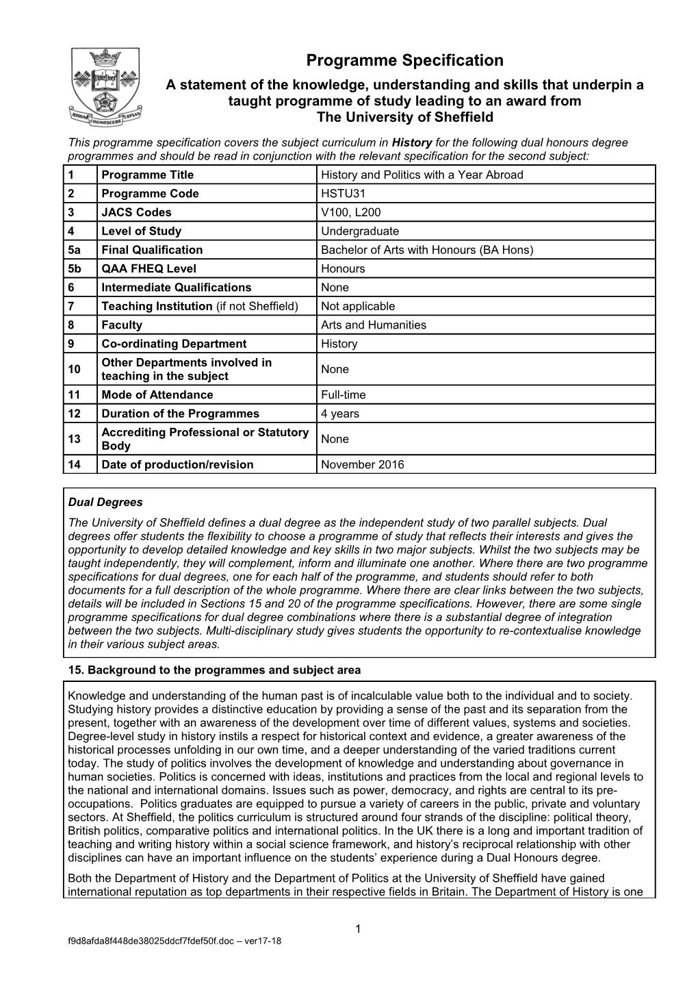 15. Background to the Programmes and Subject Area