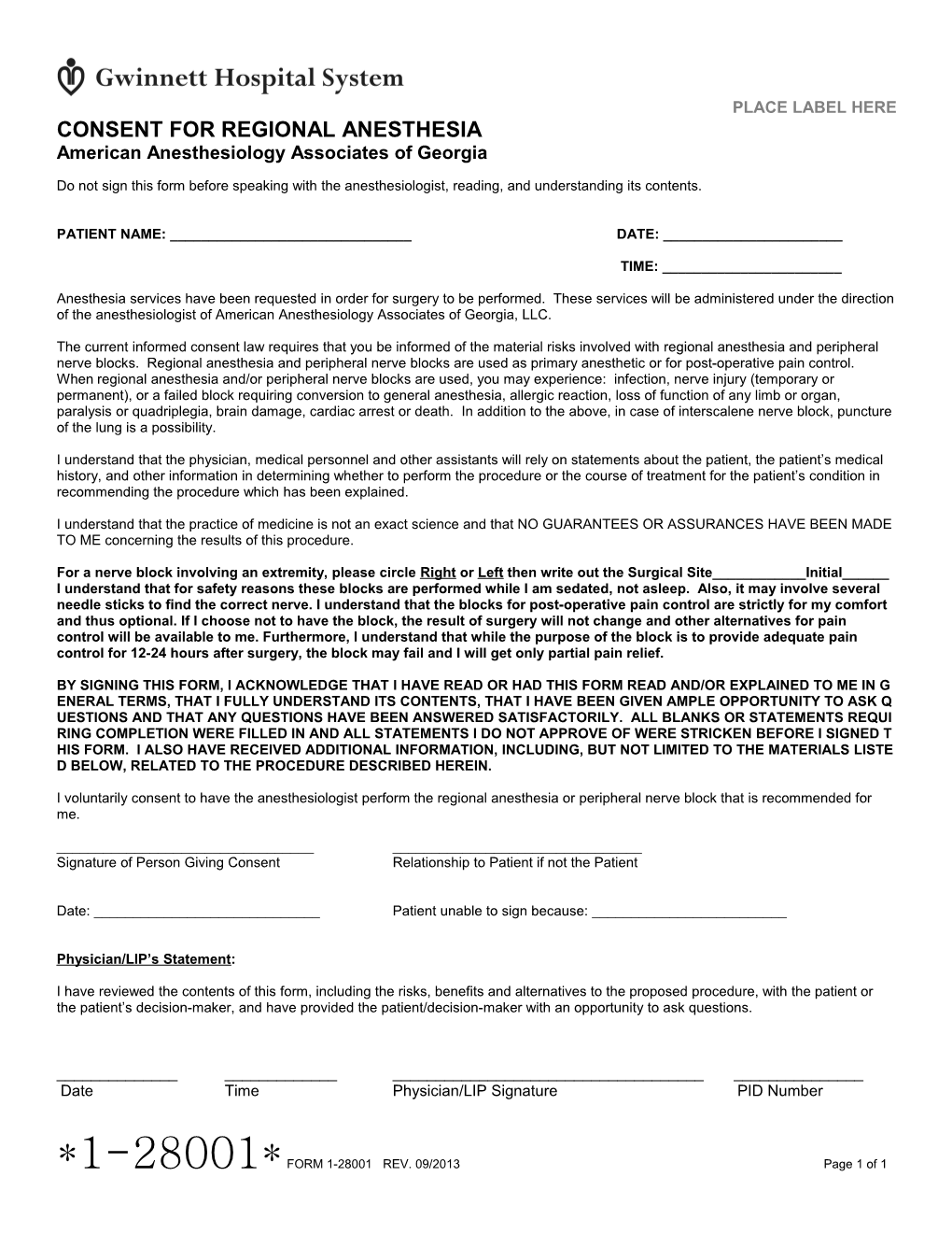 Consent For Regional Anesthesia American Anesthesiology Associates Of Georgia