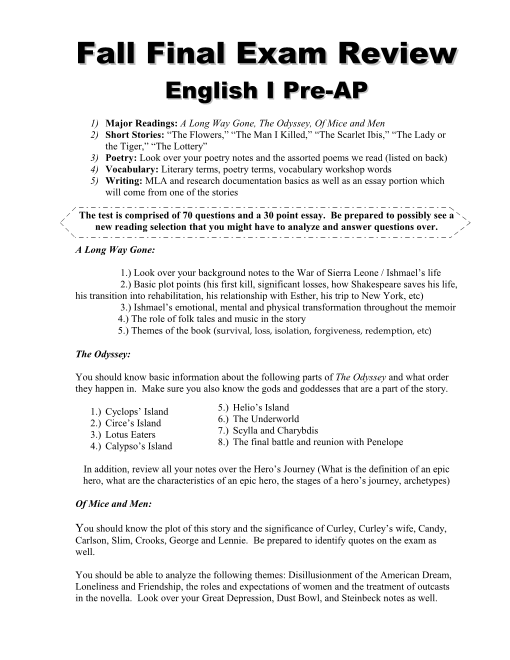 Fall Final Exam Review Sheet English I