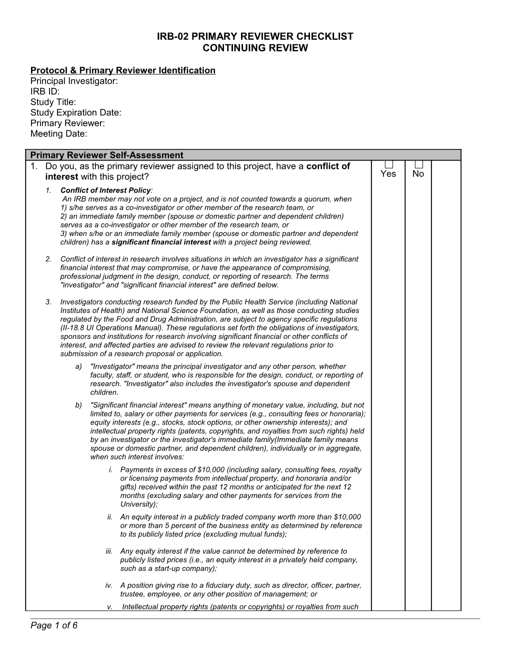 Institutional Review Board Checklist