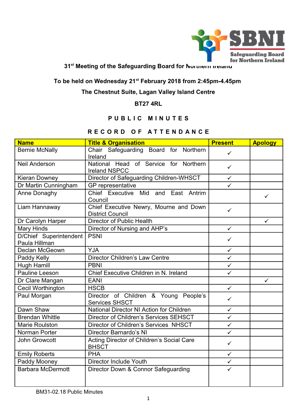 31St Meeting of the Safeguarding Board for Northern Ireland