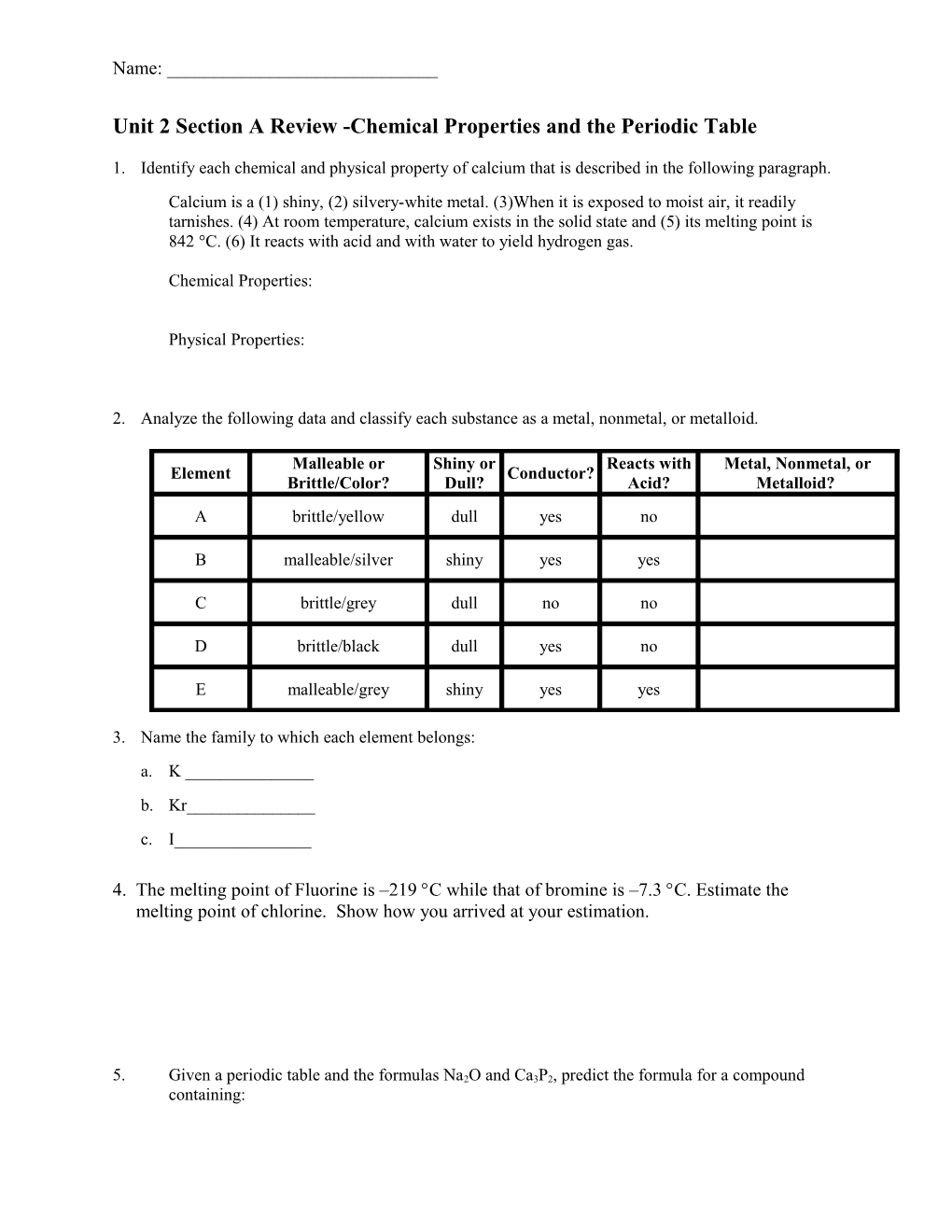 Unit 2 Section a Review -Chemical Properties and the Periodic Table