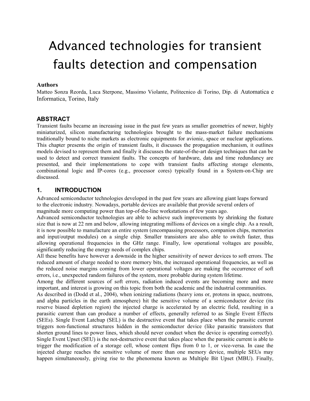 Advanced Technologies for Transient Faults Detection and Compensation