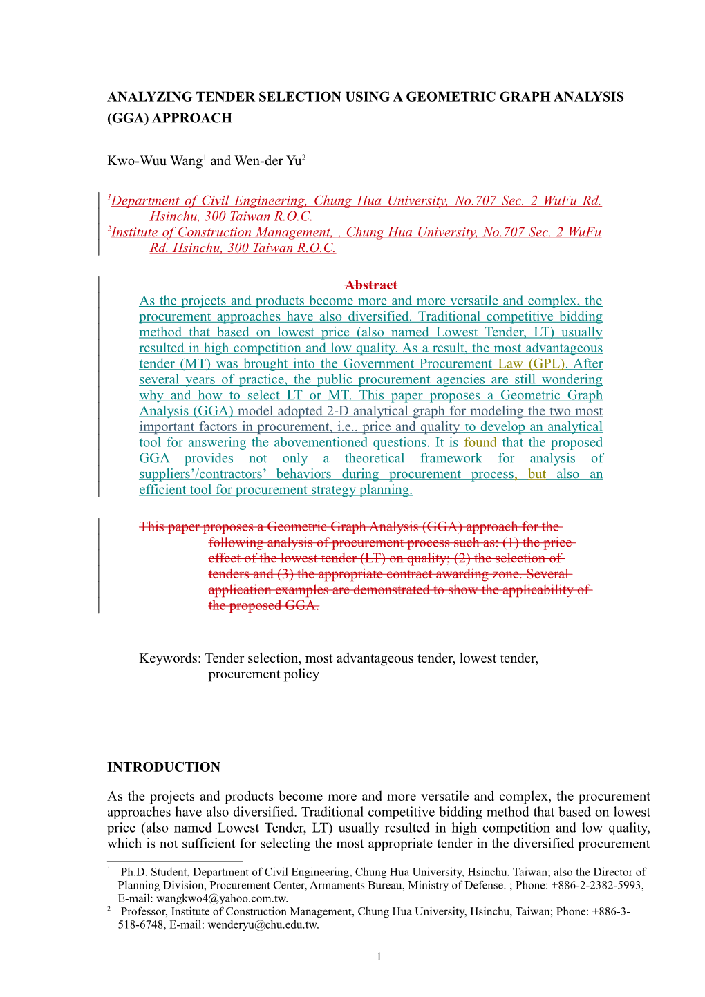 Analyzing Tender Selection Using a Geometric Graph Analysis (GGA) Approach