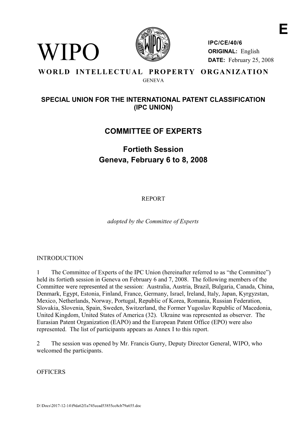 Document IPC/CE/40/6 - Report, 40Th Session of the IPC Committee of Experts