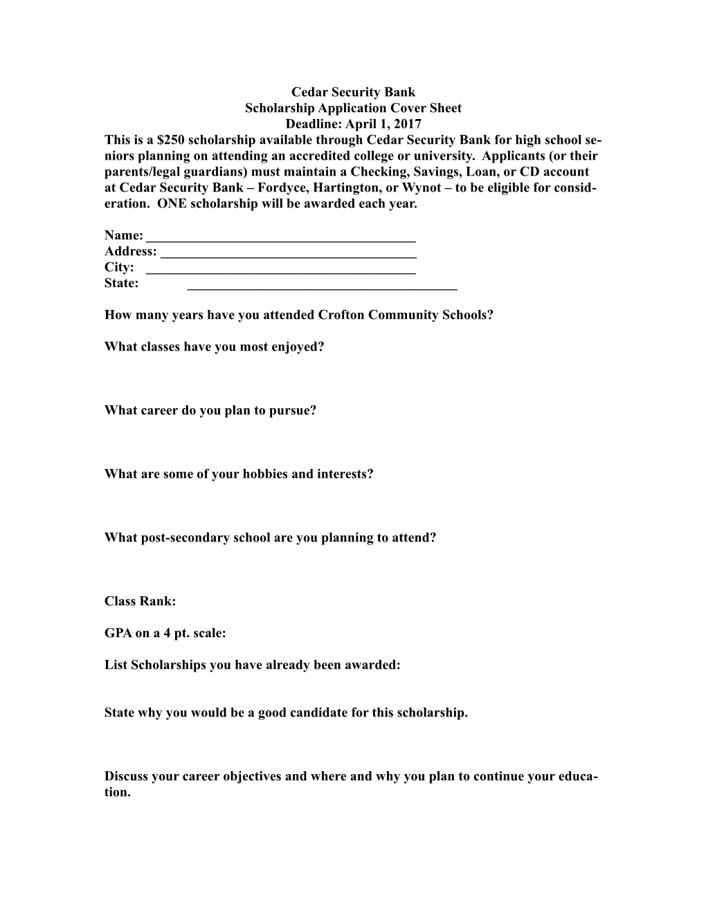 Scholarship Application Cover Sheet