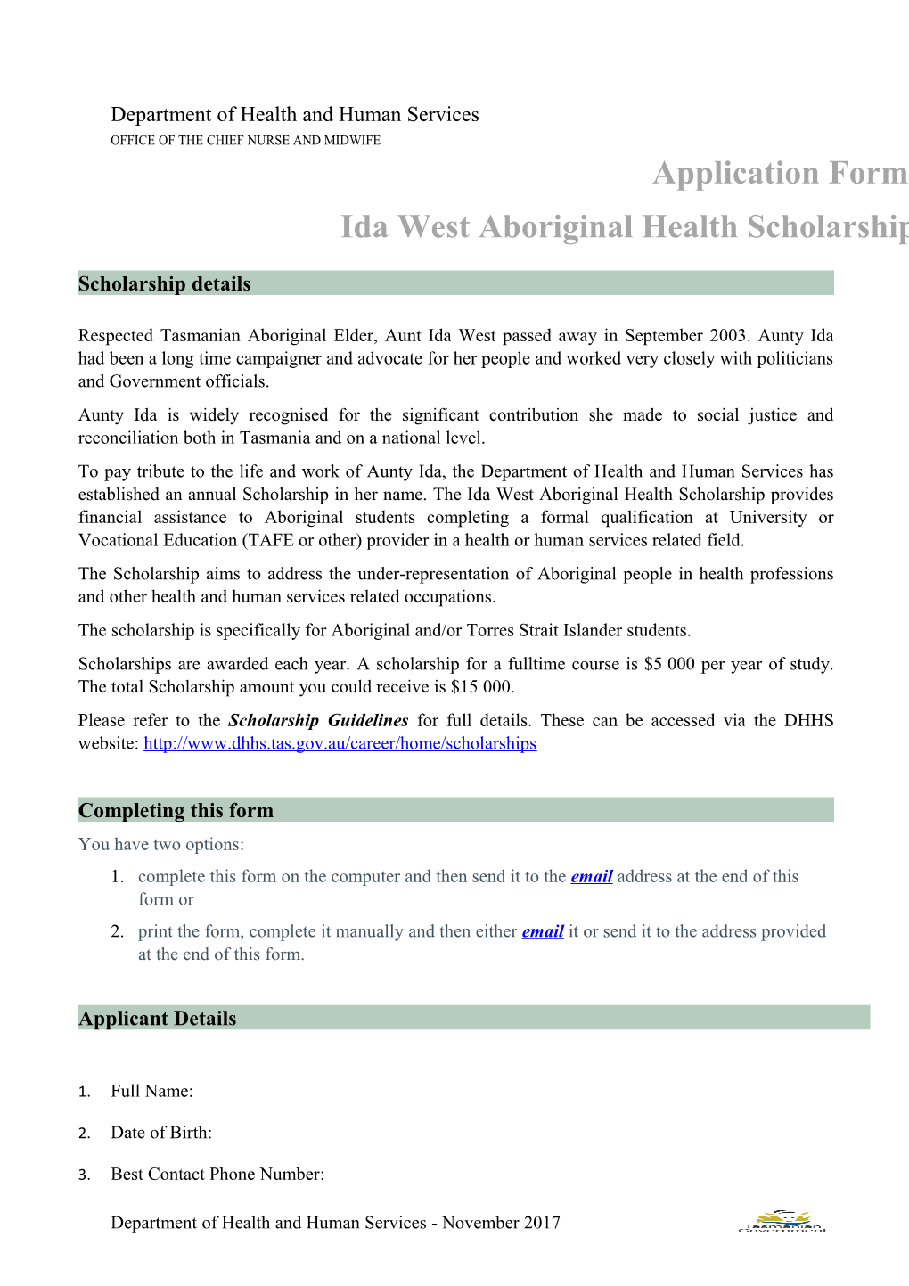 Ida West Aboriginal Health Scholarship Form November 2017