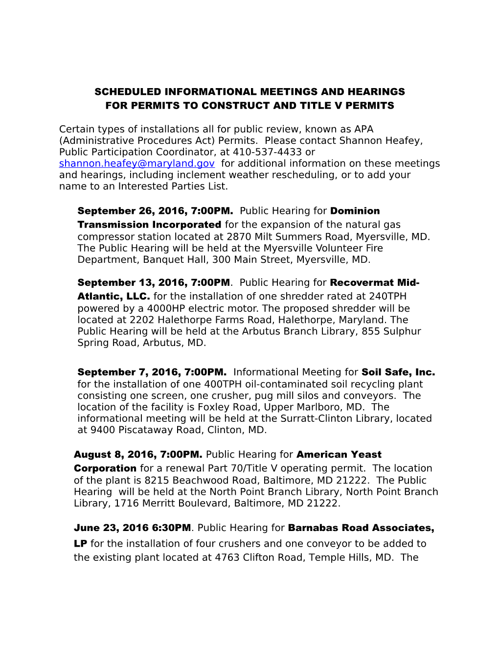 Scheduled Informational Meetings and Hearings Forpermits to Construct and Title V Permits