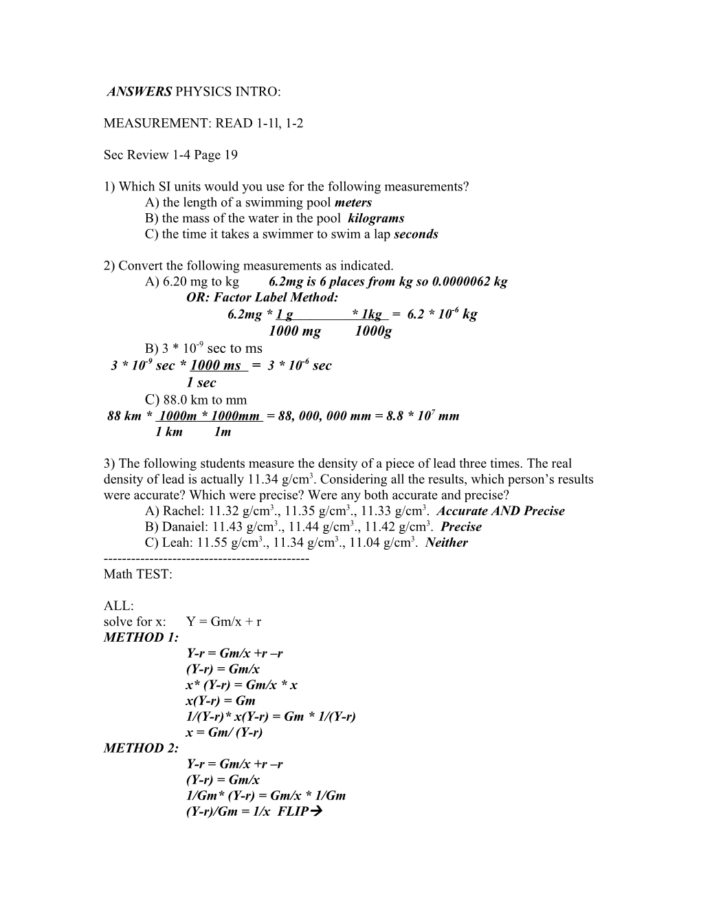 Answers Physics Intro