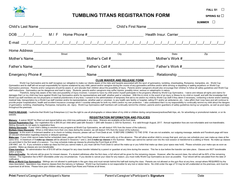 Tumbling Titans Registration Form Spring S2