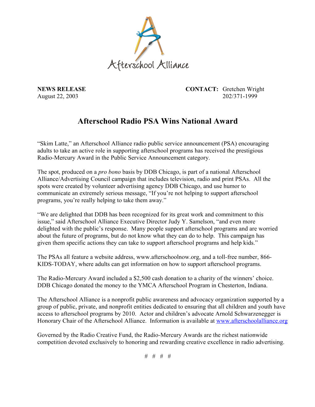 Afterschool Radio PSA Wins National Award