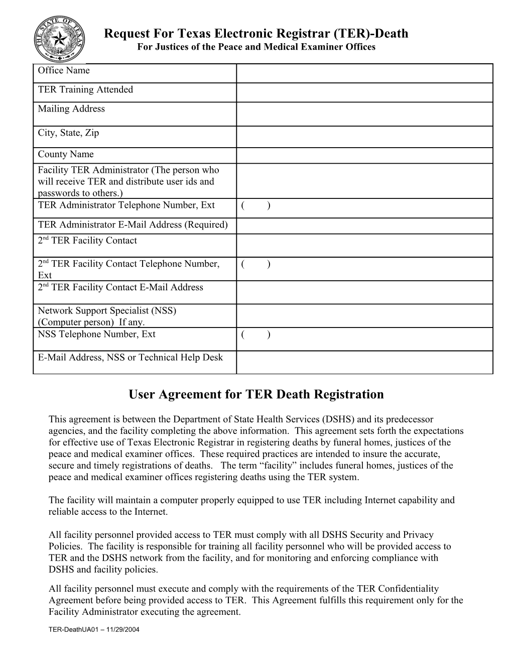 Request for Texas Electronic Registrar (TER)-Death