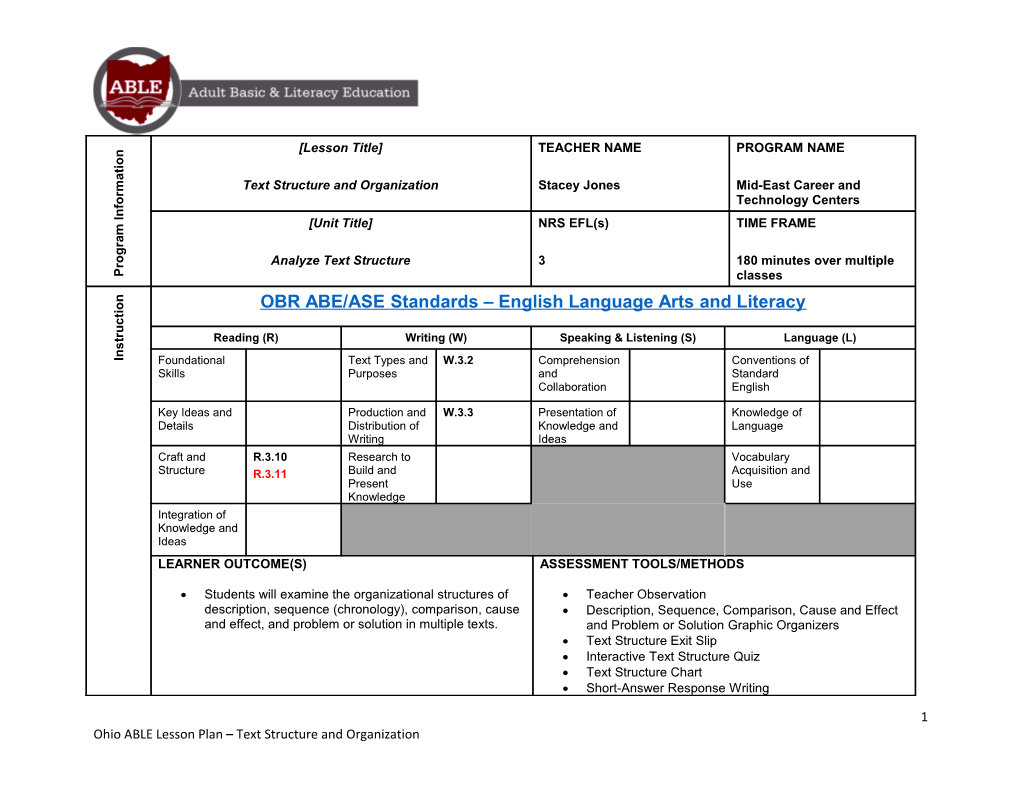 Ohio ABLE Lesson Plan Text Structure and Organization