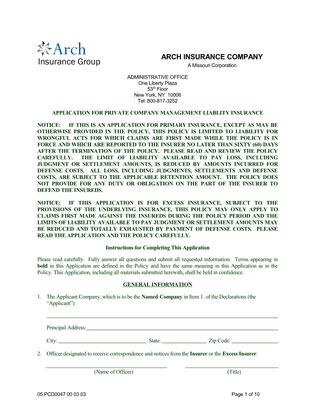 Application for Private Company Management Liablity Insurance