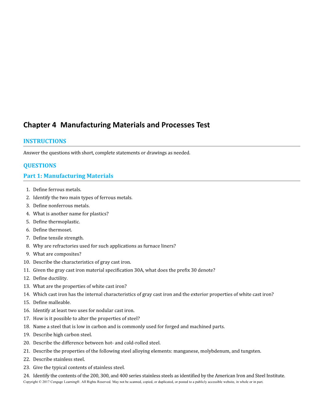 Chapter 4Manufacturing Materials and Processes Test