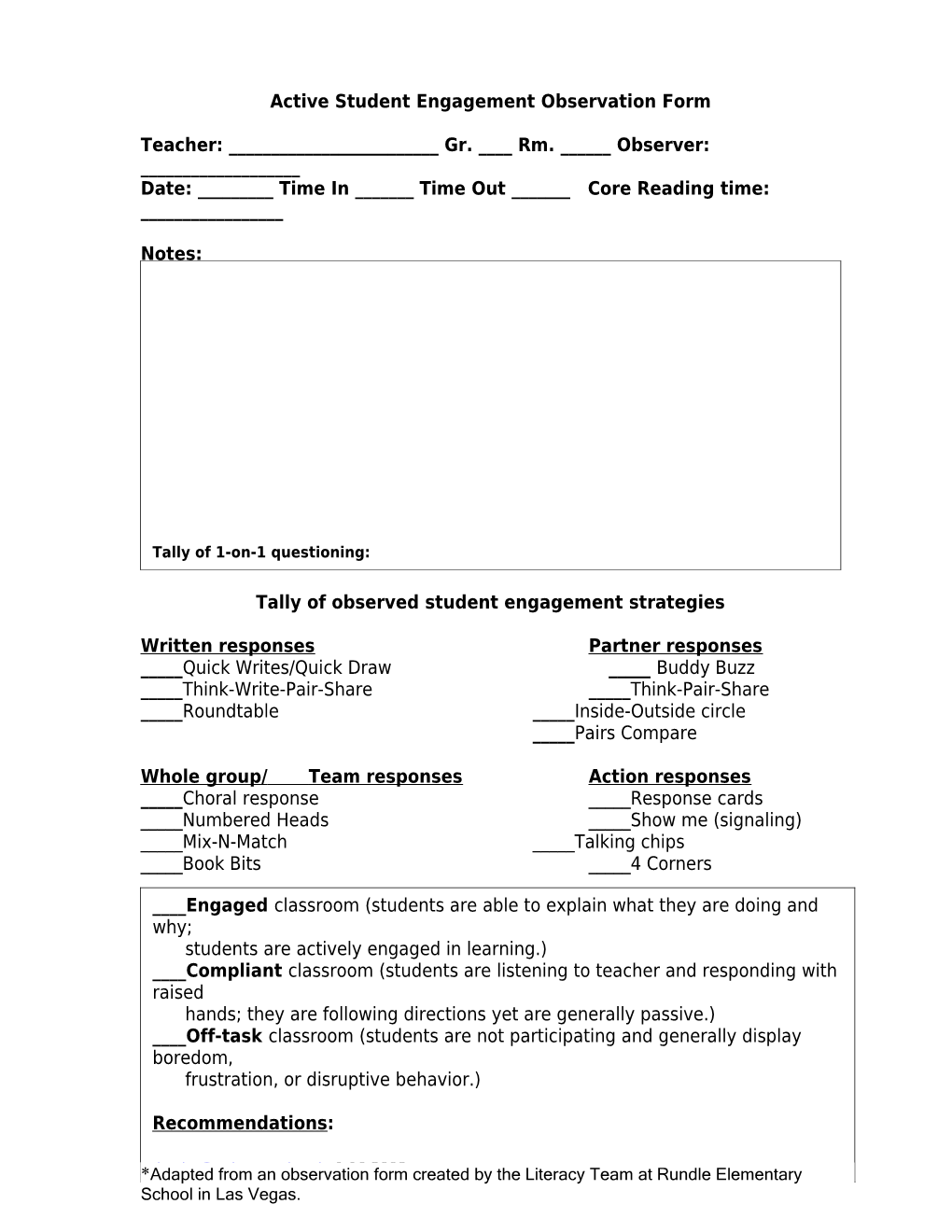 Active Student Learning Observation Form