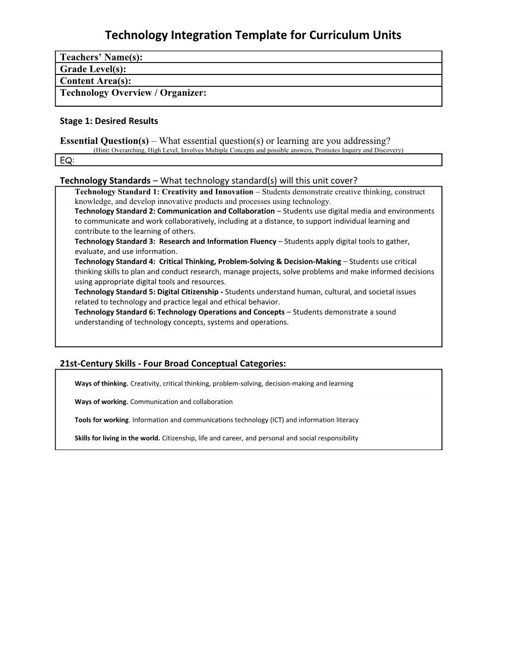 Technology Integration Template for Curriculum Units