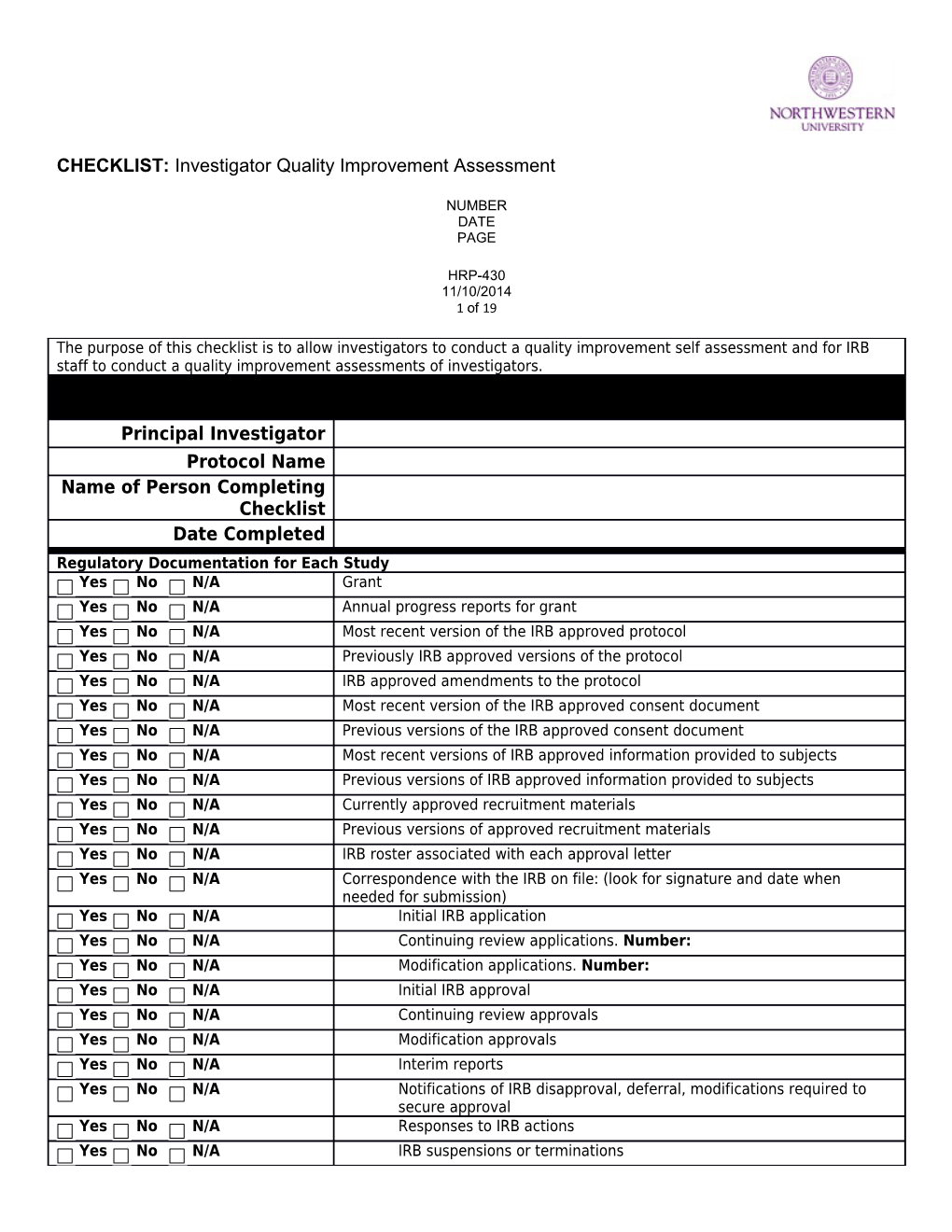 CHECKLIST: Investigator Quality Improvement Assessment