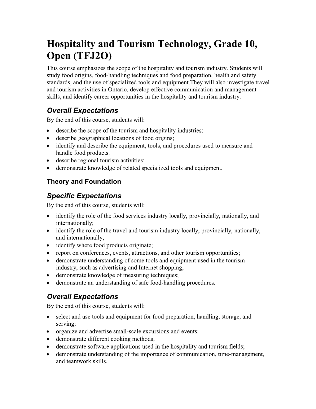 Hospitality and Tourism Technology, Grade 10, Open (TFJ2O)